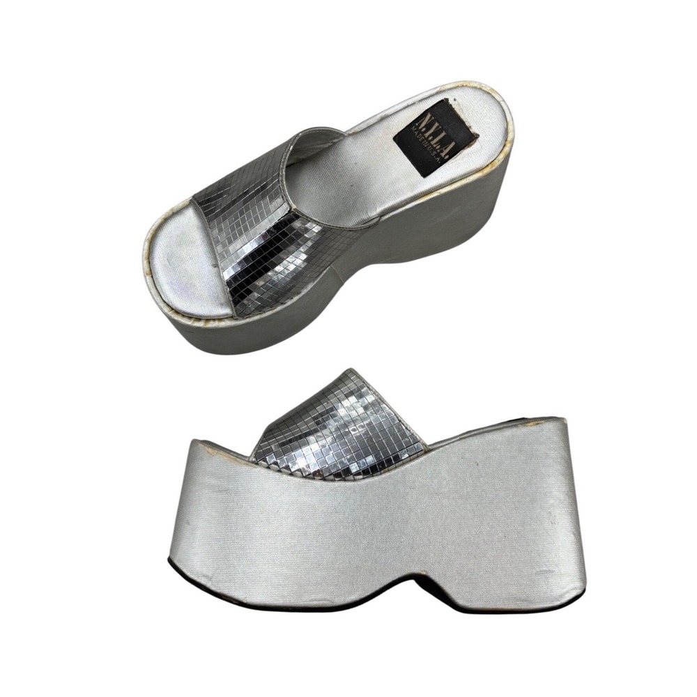Vintage NYLA Silver Disco Mirror Tile Platform Wedge Slide Sandals Y2k Women's 8